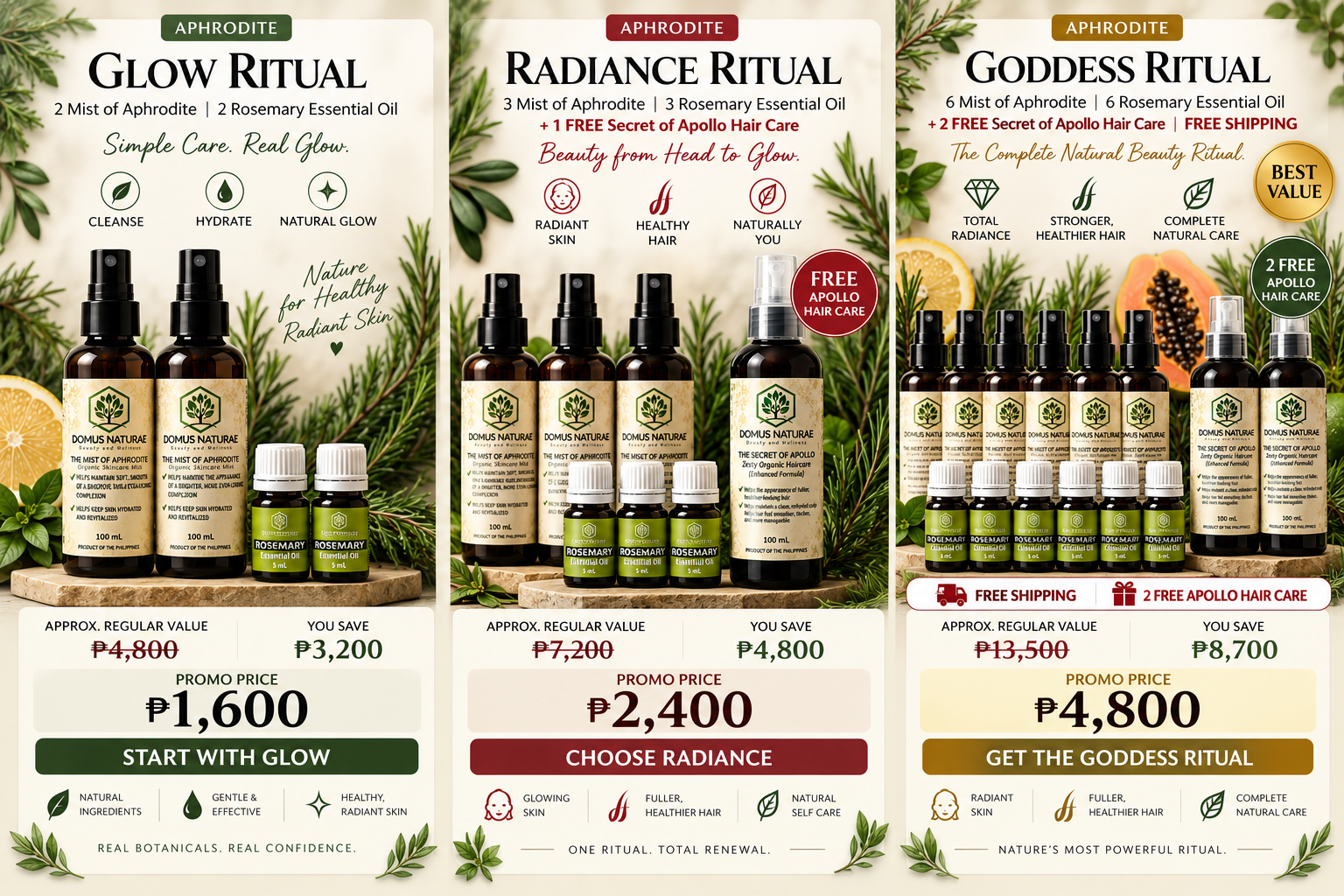 Comparison of the Glow Ritual, Radiance Ritual and Goddess Ritual bundles with their inclusions and promo prices