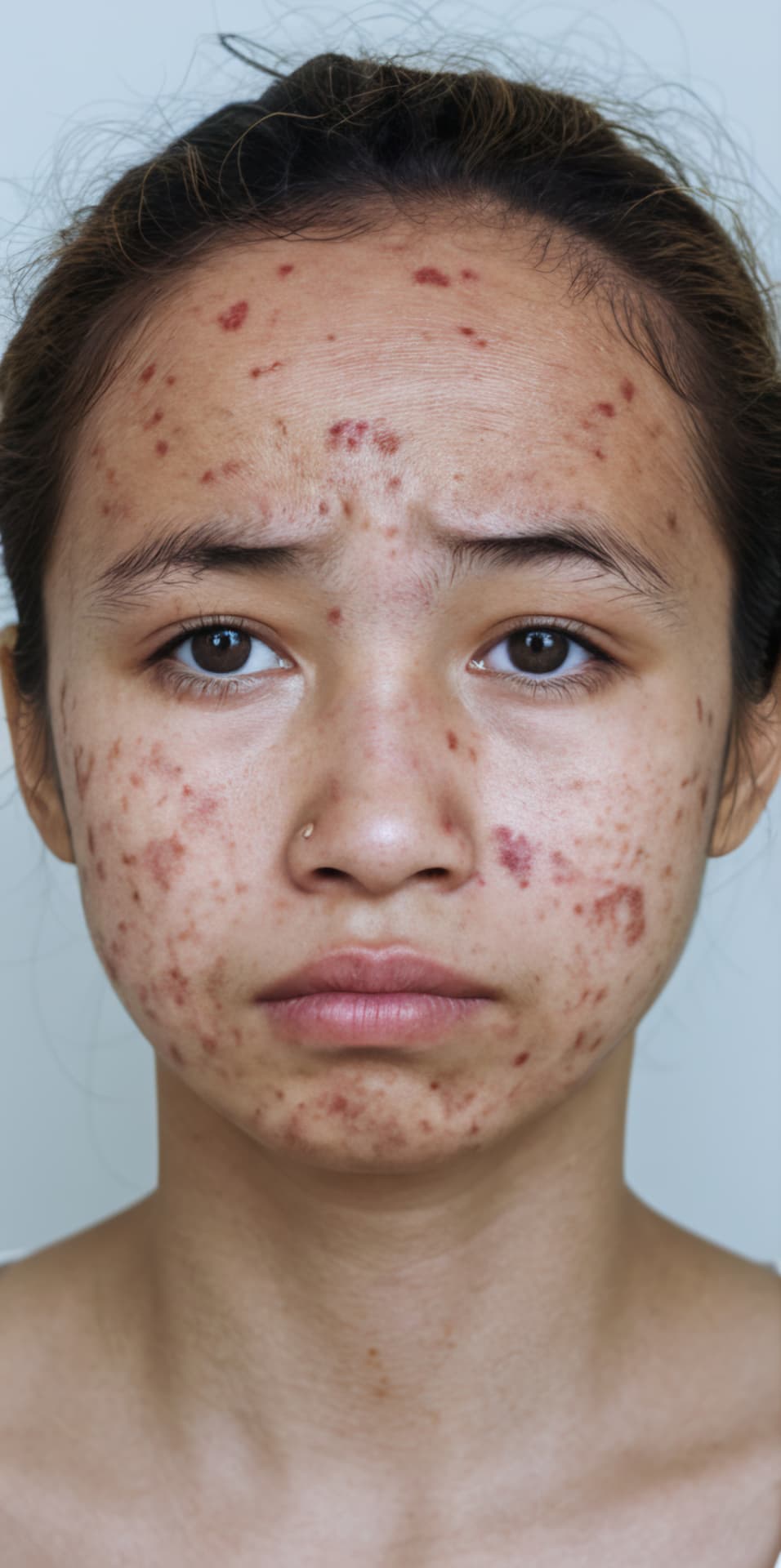 Close-up portrait of an adult with visible blemishes and uneven-looking skin texture